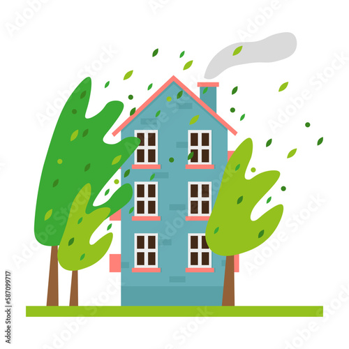 Cartoon house in a hurricane. Cartoon house storm wind. Vector illustration.