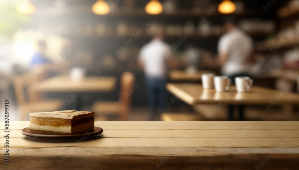 Empty wooden table top for product display with blur luxury cafe. generative AI