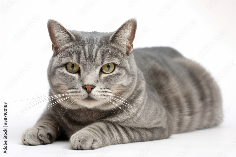 Relaxed Gray Tabby Cat on White Background. Generative AI