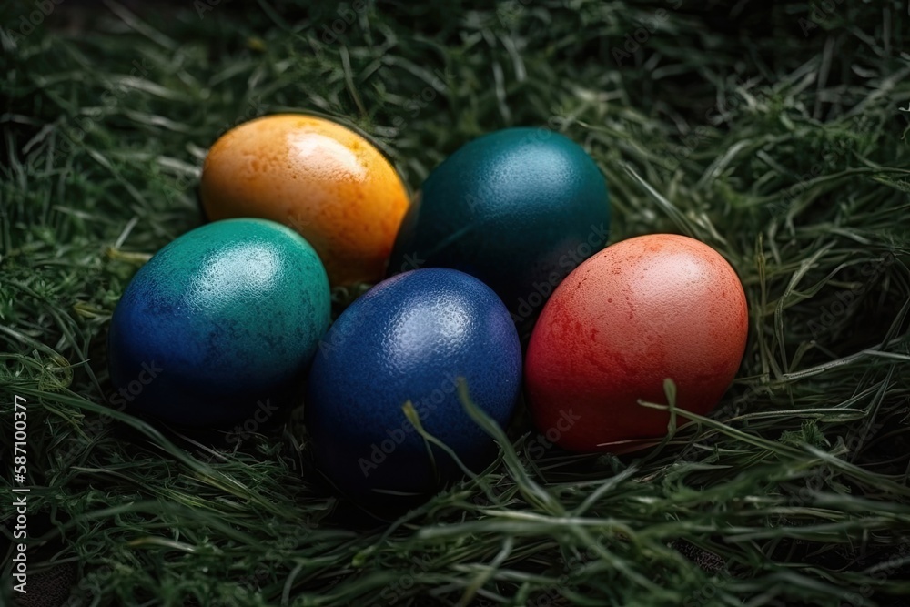 colorful Easter eggs hidden in the grass. Generative AI