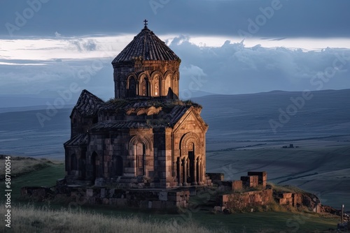 An important trade route along the Silk Road throughout the Middle Ages, Ani Harabeleri is a site of medieval cities. An ancient temple and church at dusk in Ani, Kars, Turkey. Generative AI photo