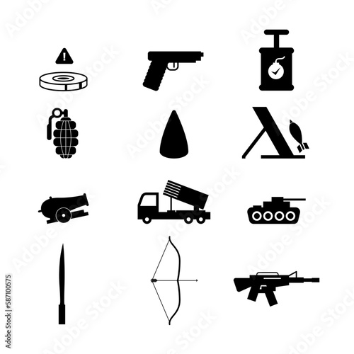 Military vector icons set, army Land warfare or ground warfare clip arts black and white vector illustrations