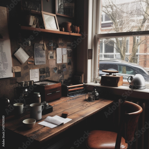 a hipster room, wooden table, coffee, Generative AI