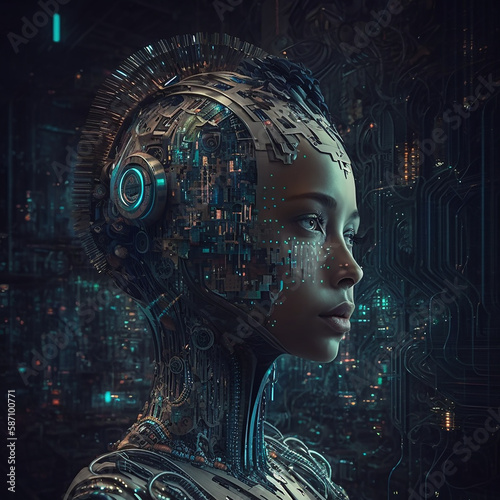 Artificial Intelligence female bot in the matrix with wires and lights