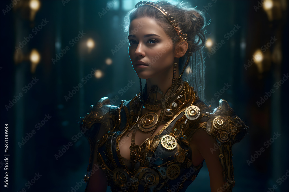Elegant Steampunk Lady in Gleaming Armor: Retro Futuristic Style and Charm