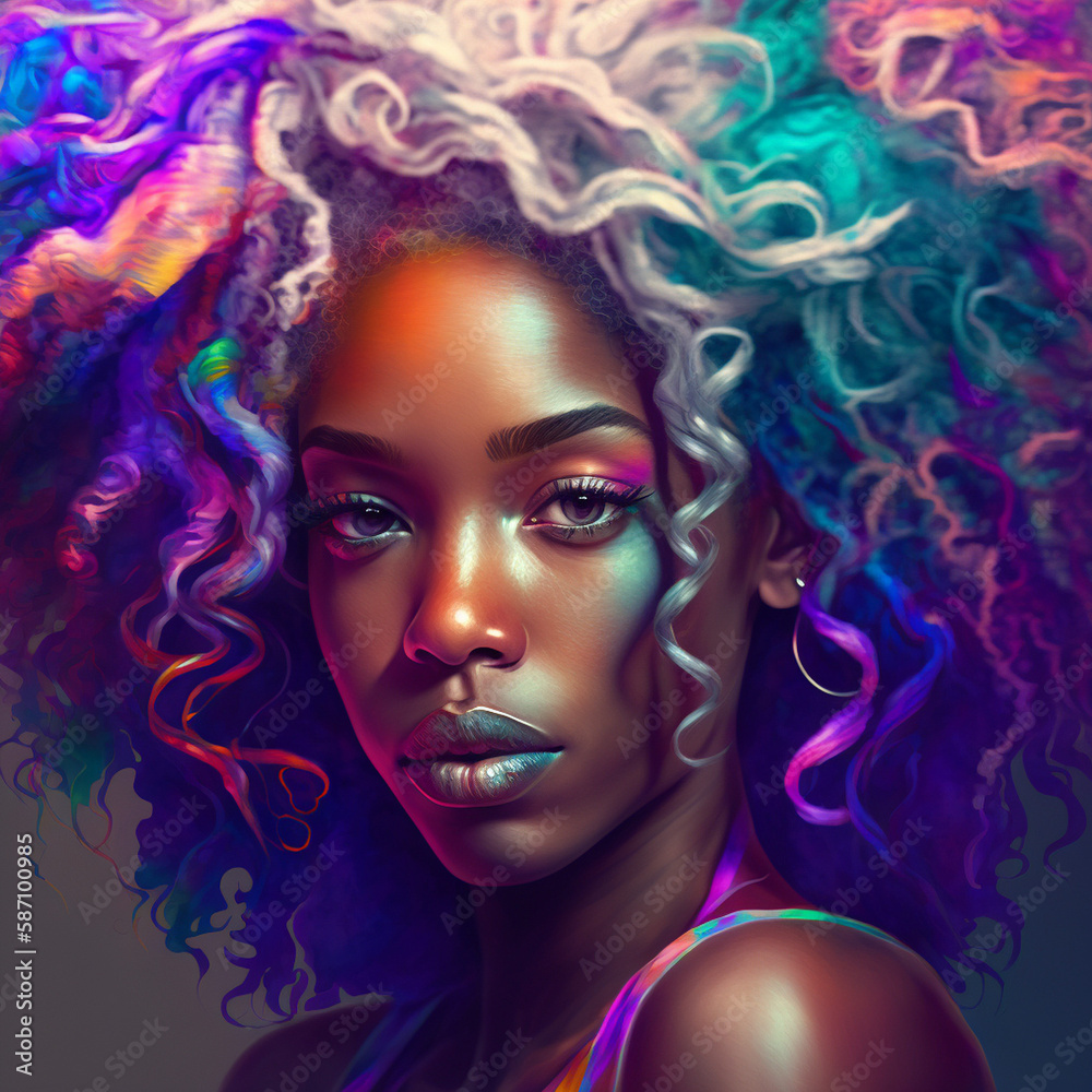 Portrait of a beautiful woman with curly, colorful hair. Generative AI.
