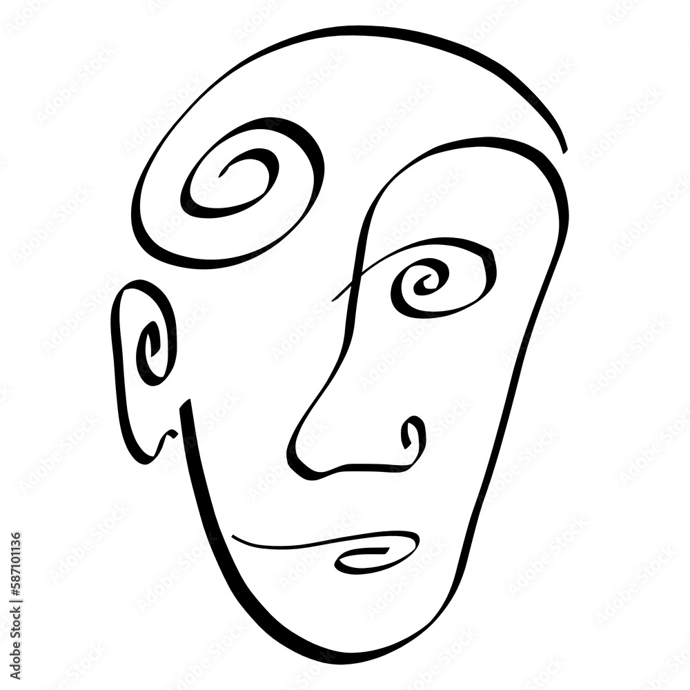 abstract image of a man's head with an eye, a hairdo and a mouth in the form of a spiral, black outline on white abstract image of a man's head with an eye, a hairdo and a mouth in the form of a spiral, black outline on white