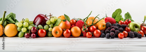 Panoramic collection fresh fruits and vegetables background. Side view. Generative AI.
