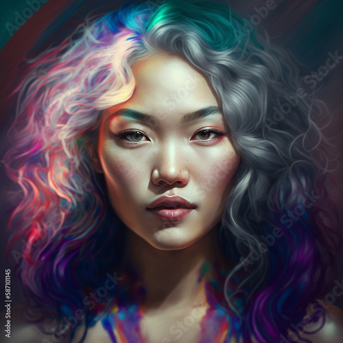 Portrait of a beautiful woman with curly, colorful hair. Generative AI. © StylishDesignStudio