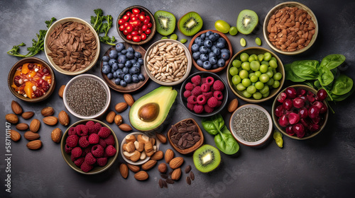 Healthy eating clean eating choices fruits  vegetables  seeds  superfoods  cereals  leafy vegetables on a gray concrete background. Top view. Generative AI.