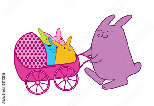 Vector illustration of a bunny pushing a buggy full of baby bunnies 