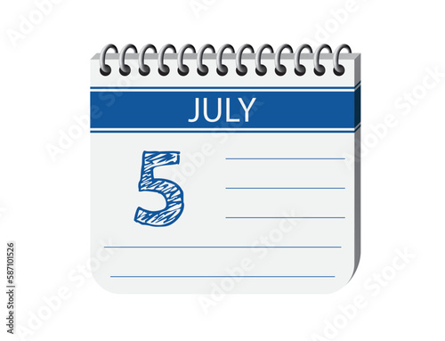 5 july calendar page vector. 3d one day calendar date appointment, deadline, event reminder illustration. Abstract three dimensional daily date calendar.
