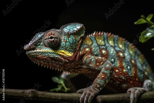 Slowly moving chameleon panther ambilobe  chameleon panther on branch  and chameleon panther closeup. Generative AI