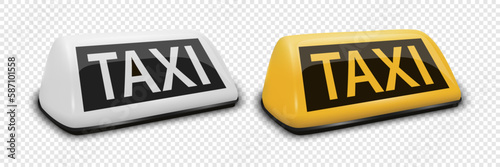 Vector 3d Realistic White and Yellow French Taxi Sign Icon Set Closeup Isolated. Design template for Taxi Service, Mockup. Front, Half Turn View