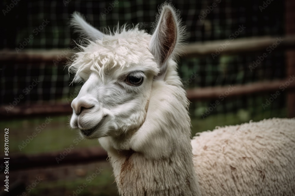 Obraz premium White lama outside in the zoo. A cute animal picture. Generative AI