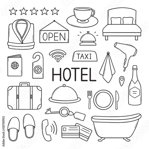 Hotel service doodle set. Suitcase, passport, bathrobe, dryer, bed in sketch style. Hand drawn vector illustration isolated on white background
