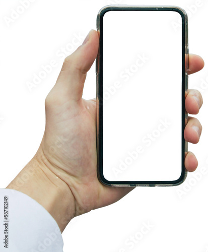 hand holding smart phone with blank screen