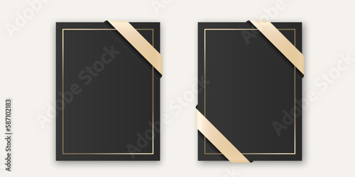 Vector Vertical A4, A5 Blank Black Card. Booklet, Postcard, Greting Card Design Template for Branding, Congratulations, Invitation with Silk Ribbon, Golden Frame and Bow