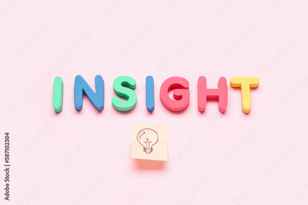 Word INSIGHT and sticky paper with drawn light bulb on pink background