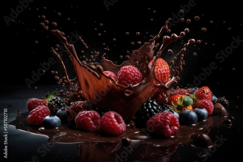 Explosion Chocolate liquid with raspberry, Strawberry, blueberry fruit generative AI
