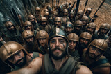 Army of ancient warriors make selfie photograph on battlefield in summer, generative AI
