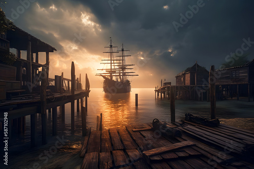 Pirate port overlooking old sailing ship in sea at sunset, generative AI