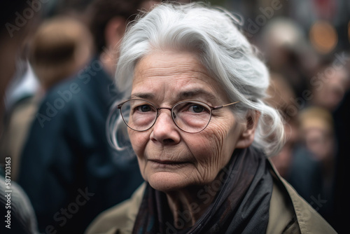 Old woman with grey hair in the crowd, gloomy sinister atmosphere, fictitious person. AI generated image..
