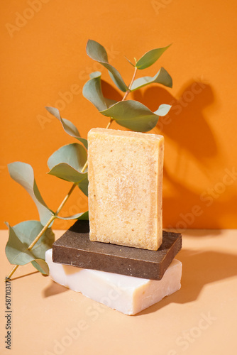 Wallpaper Mural Stack of natural soap bars and eucalyptus branch on color background Torontodigital.ca
