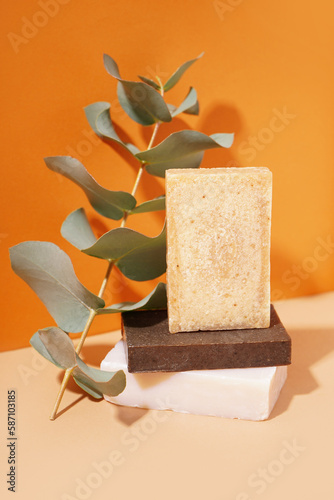 Wallpaper Mural Stack of natural soap bars and eucalyptus branch on color background Torontodigital.ca