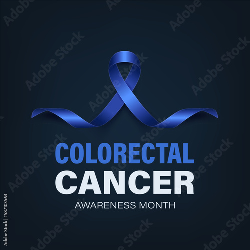 Colorectal Cancer Banner, Card, Placard with Vector 3d Realistic Dark Blue Ribbon on Dark Blue Background. Colon Cancer Awareness Month Symbol Closeup. World Colorectal, Colon Cancer Day Concept