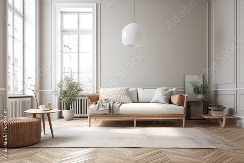 cozy living room with abundant natural light and modern furniture. Generative AI