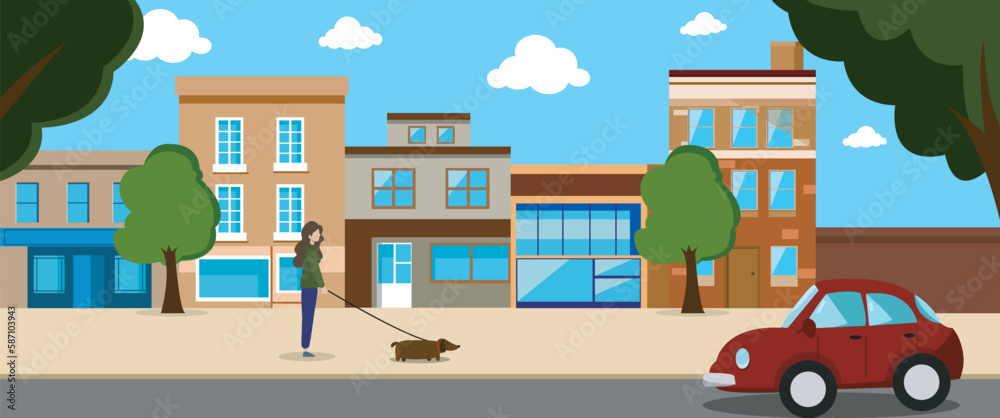 Lady walking dog with urban building on background. City buildings and traffic in city flat color vector illustration.