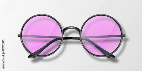 Vector 3d Realistic Modern Unisex Frame Glasses. Black Color Frame. Pink Transparent Sunglasses for Women and Men, Accessory. Optics, Lens, Vintage, Trendy Glasses. Front View