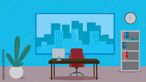 Workplace flat color vector illustration with city view on the background.