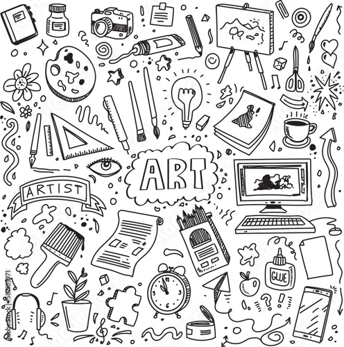 Art hand drawn vector doodles, set of symbols and objects on white background