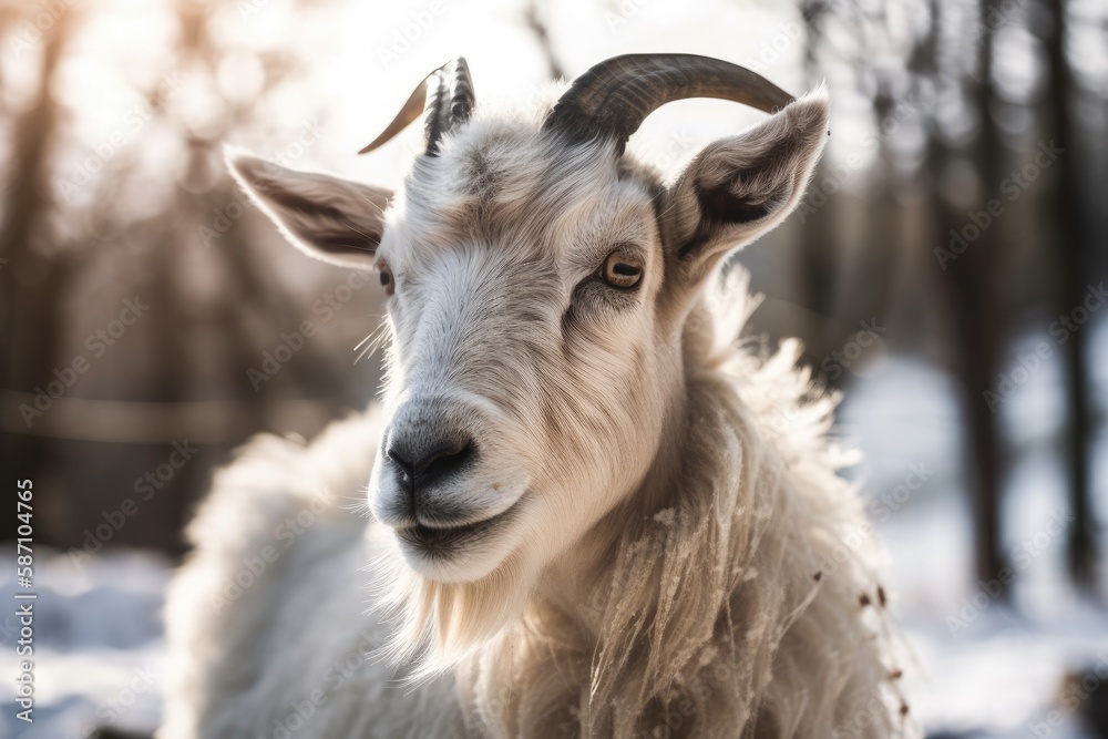 A humorous white goat with magnificent horns is depicted in this portrait. Cold weather, winter, and snow. Generative AI A humorous white goat with magnificent horns is depicted in this portrait. Cold weather, winter, and snow. Generative AI