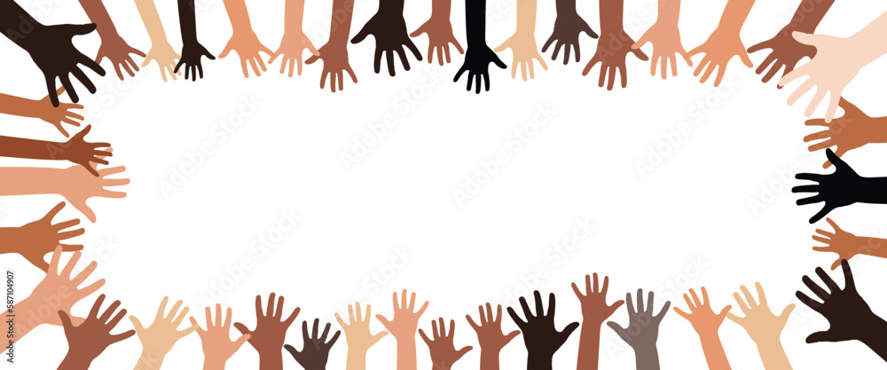 Colorful human hands with different skin colors and white background - vector illustration