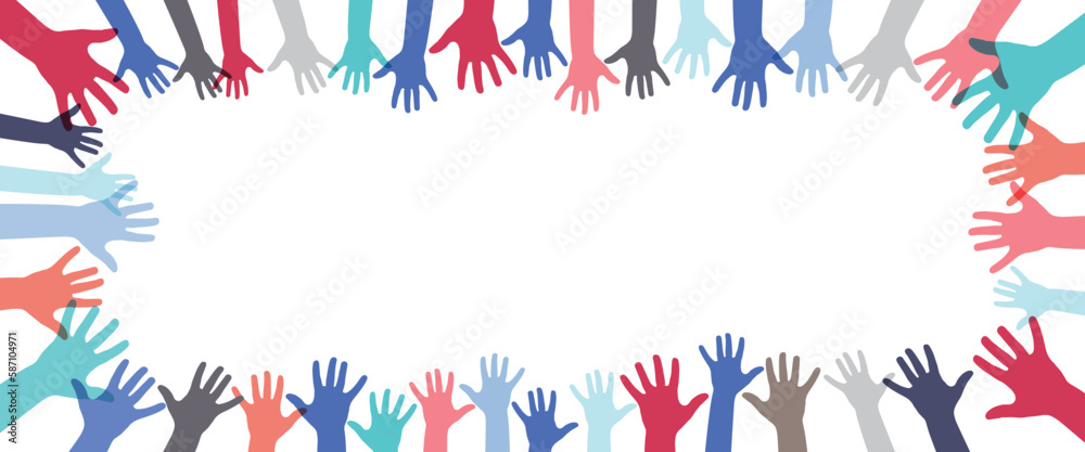 Many colorful hands, white background - diversity concept - vector illustration