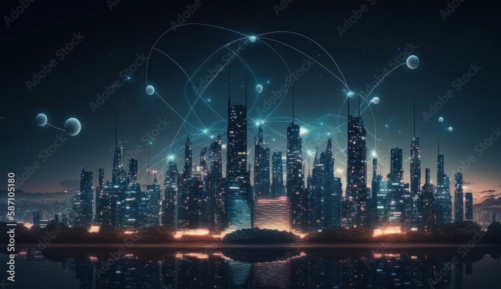 Smart city and abstract dot points connect with grid Generative AI
