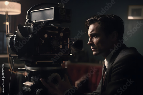 a handsome businessman sitting with a old movie camera at a wooden desk filming a scene, Cinematography