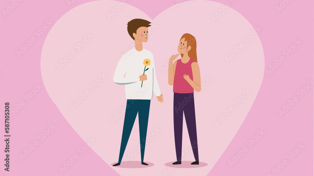 Couple illustration with pink and heart shaped background.  Anniversary vector concept.