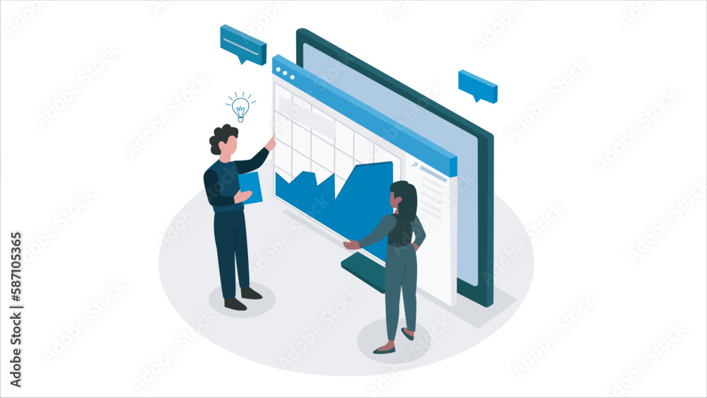 Data table vector examined by two female and male people. They are discussing about data. flat illustration. Data table vector examined by two female and male people. They are discussing about data. flat illustration.