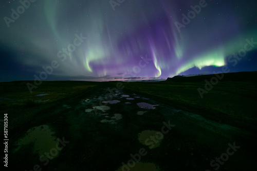 Purple and green aurora borealis reflecting in road puddles  Skaftafell Iceland