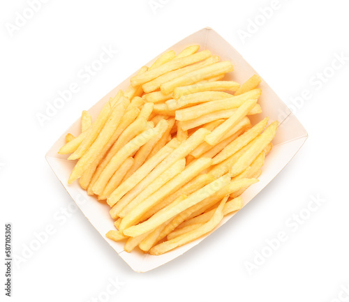 Paper box with tasty french fries on white background
