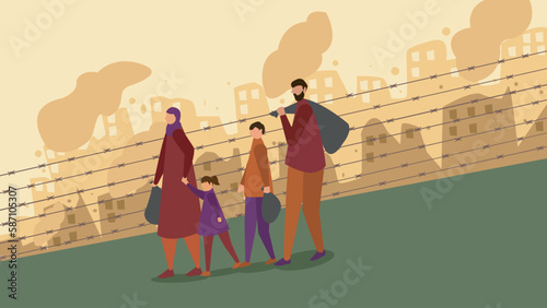 Refugees escaping from the war illustration. Family escaping from the war. 