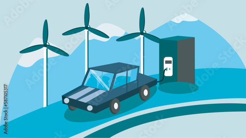 Electric car on charge stock illustration. Renewable energy sources. Clean energy. 
