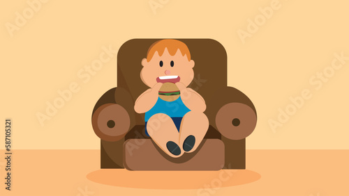 Little boy eating fast food at the couch illustration.  white background.