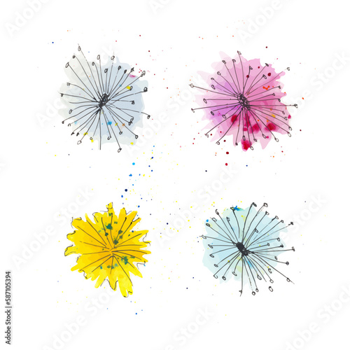 Dandelion yellow flower. Light air flower. Set of various dandelions. Hand painted watercolor illustration. Vector isolated on white background.
