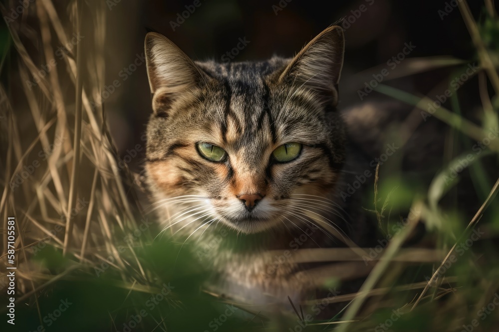 Cat in the grass concealing. Generative AI