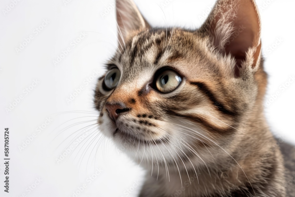 Close up of an adorable cat turning its head. Copy space isolated on white. Generative AI